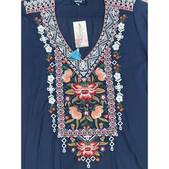 JOHNNY WAS Workshop Juliene Drape Top Voile TUNIC Navy Blue BOHO SM $205 NWT - Picture 2 of 12